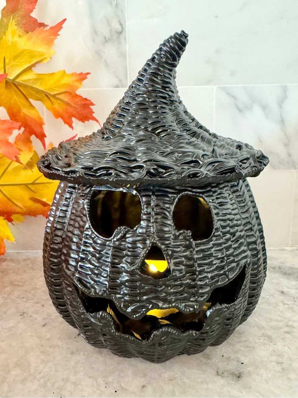 New Halloween RESIN Faux Wicker Black Jack-o'-Lantern Pumpkin w/ Tea Light - 7”